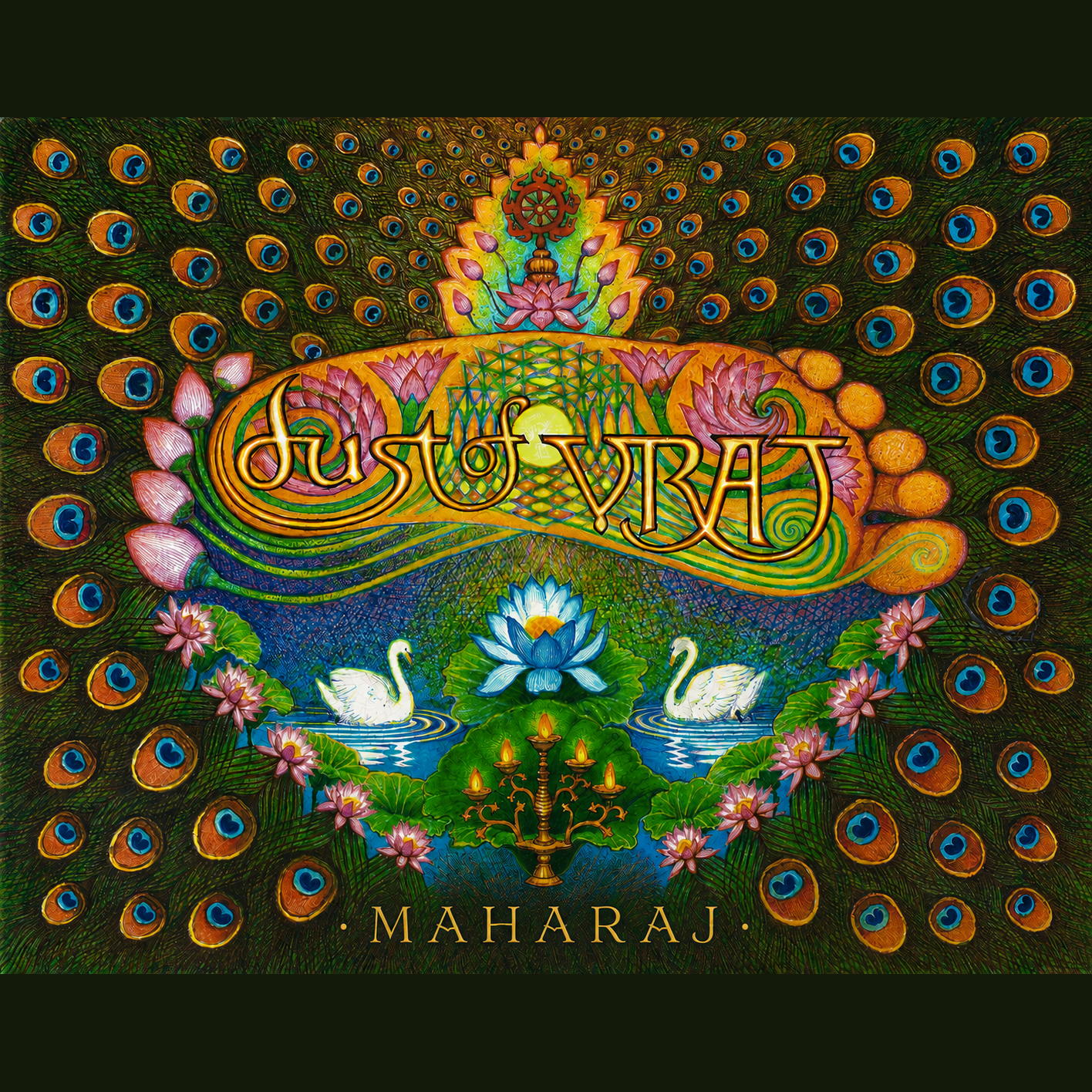 Maharaj single artwork: peacock-feather field around the Dust of Vraj lettering, a blue lotus flanked by two swans